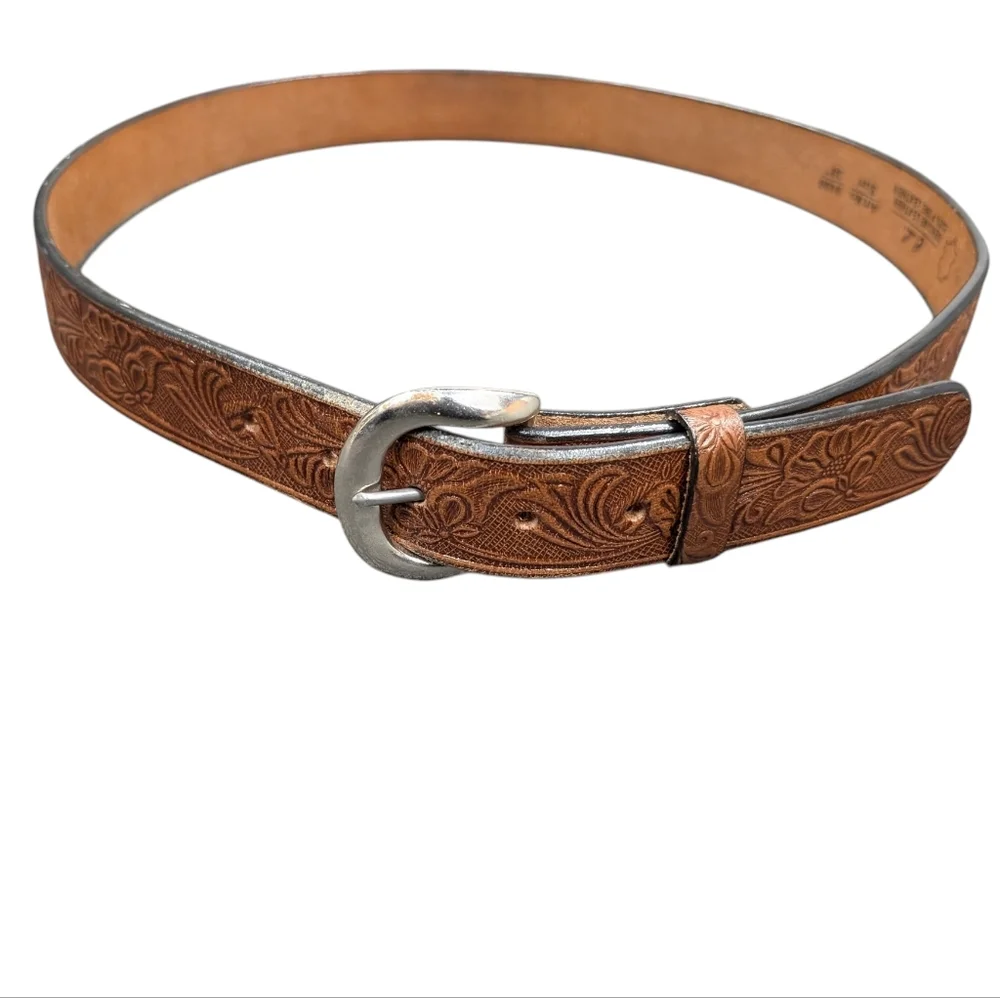 C.L. Genuine Leather Brown Embossed Floral Horse Belt Silver Buckle Size 38 - Picture 3 of 16